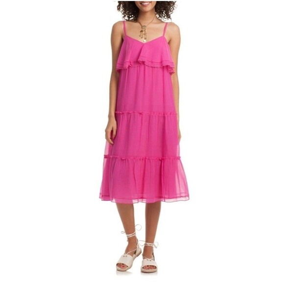 Trina Turk  Women's Narcissus Tiered Silk Blend Lined Dress Pink Fuchsia Sz 14 e - Picture 1 of 12